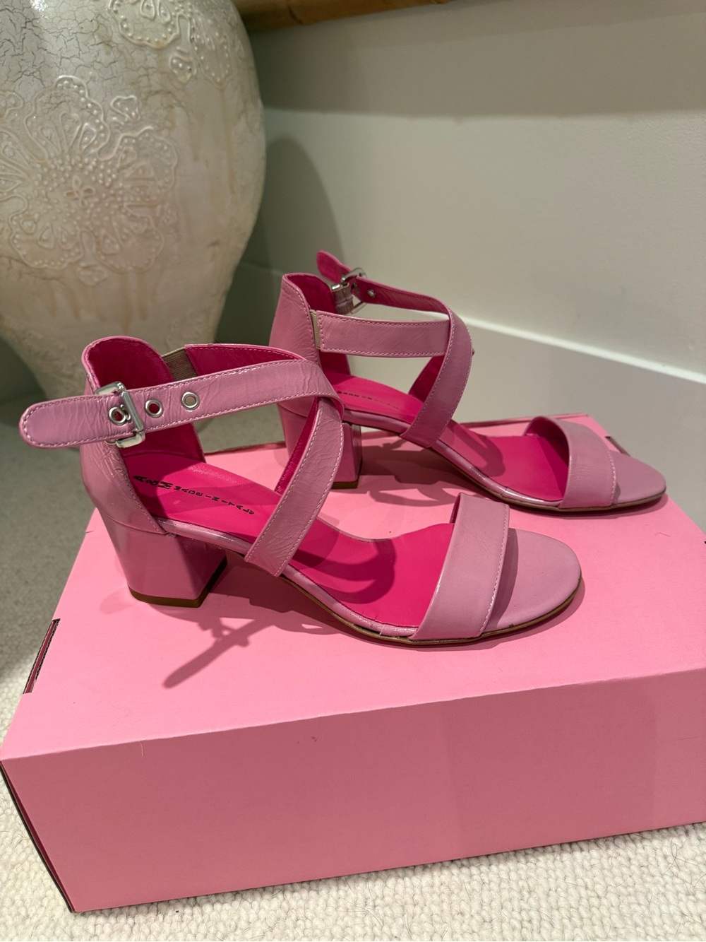 Italian Shoemakers Pink Block Heel Ankle-Strap Sandals